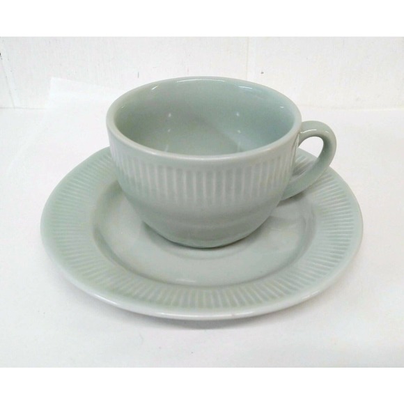Pottery Barn REPLACEMENT Cup and Saucer Green Scalloped Pattern Ribbed Edge - Picture 1 of 8